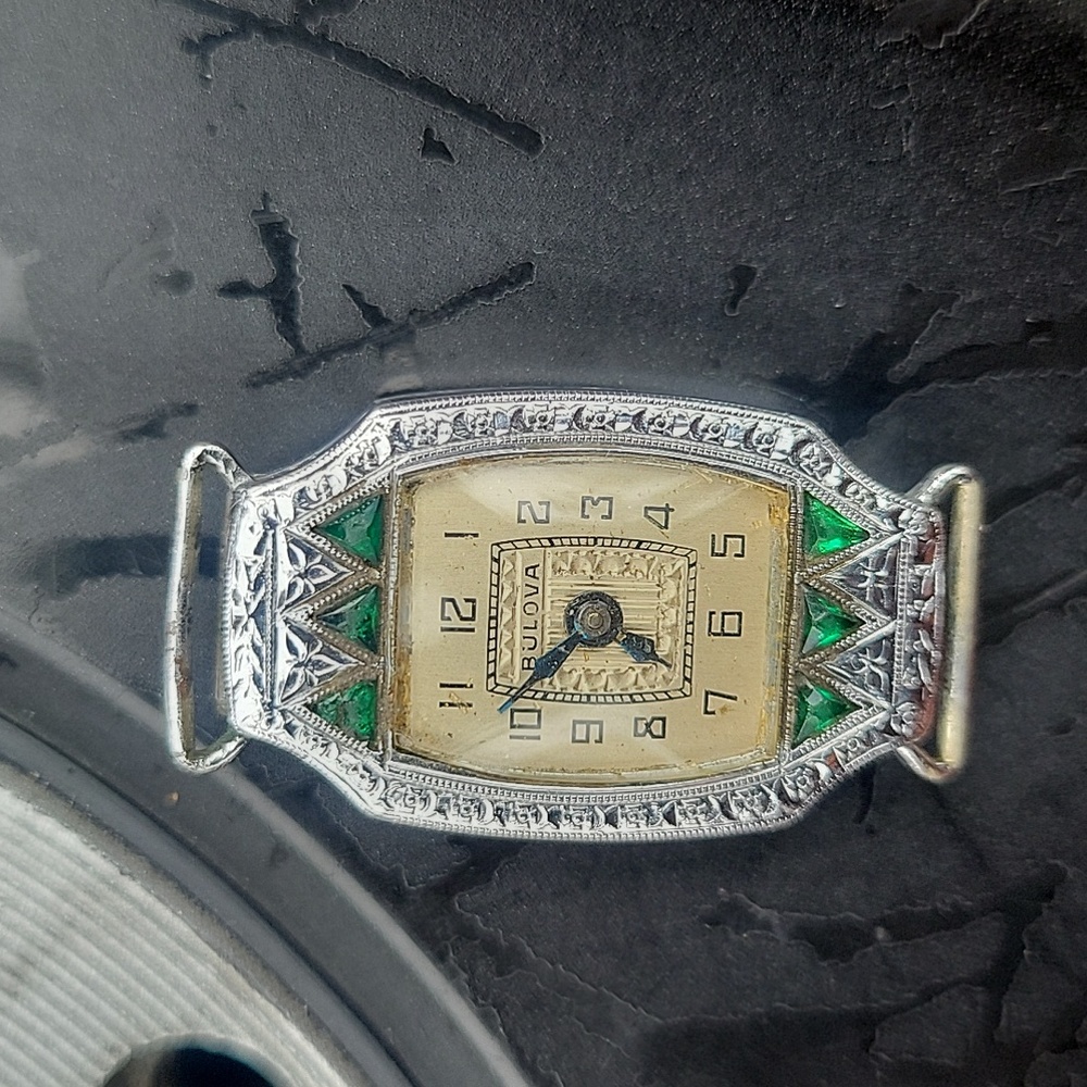 Vintage white gold with ruby diamond chip Bulova antique watche